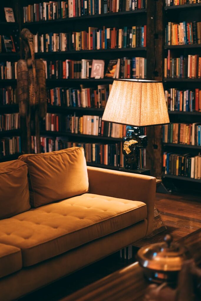 pexels-photo-1907784 Warm and inviting library scene featuring a cozy couch, bookshelves, and a lamp for ambient lighting.